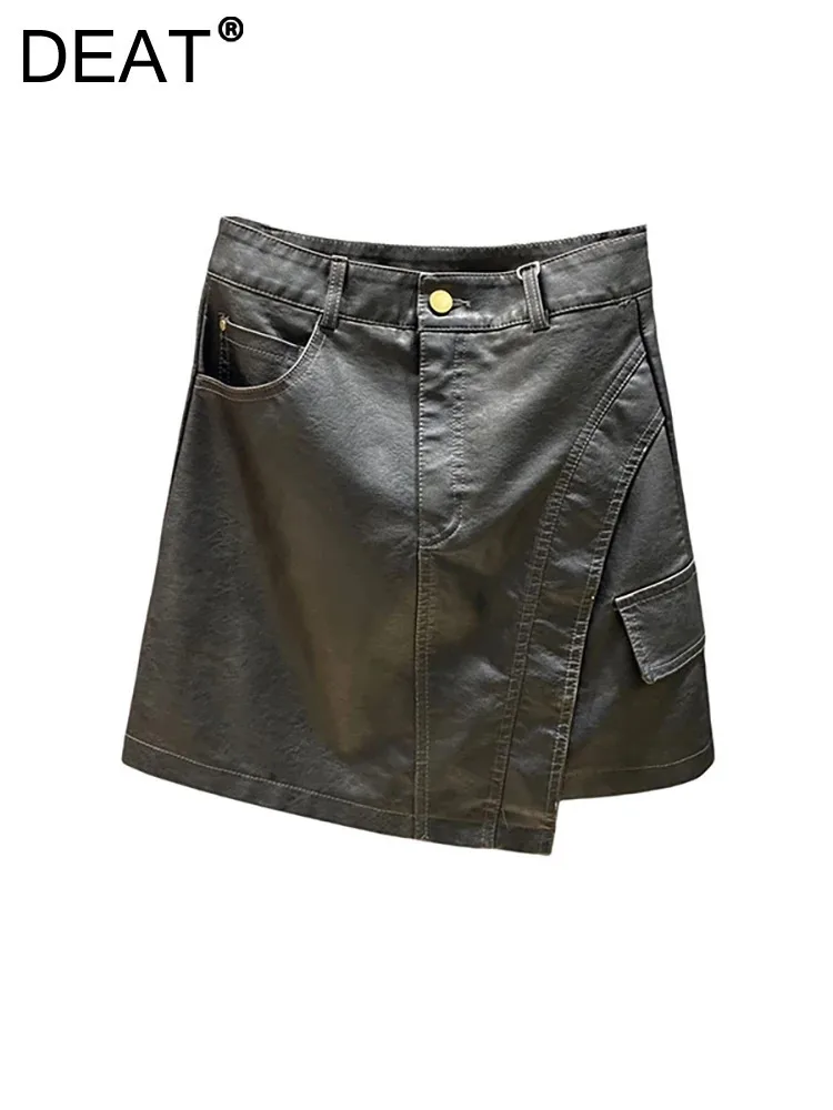 DEAT Women's Pu Leather Skirt Vintage A-line High Waist Patchwork Design Cargo Mini Skirts 2024 Autumn New Fashion 29L8229