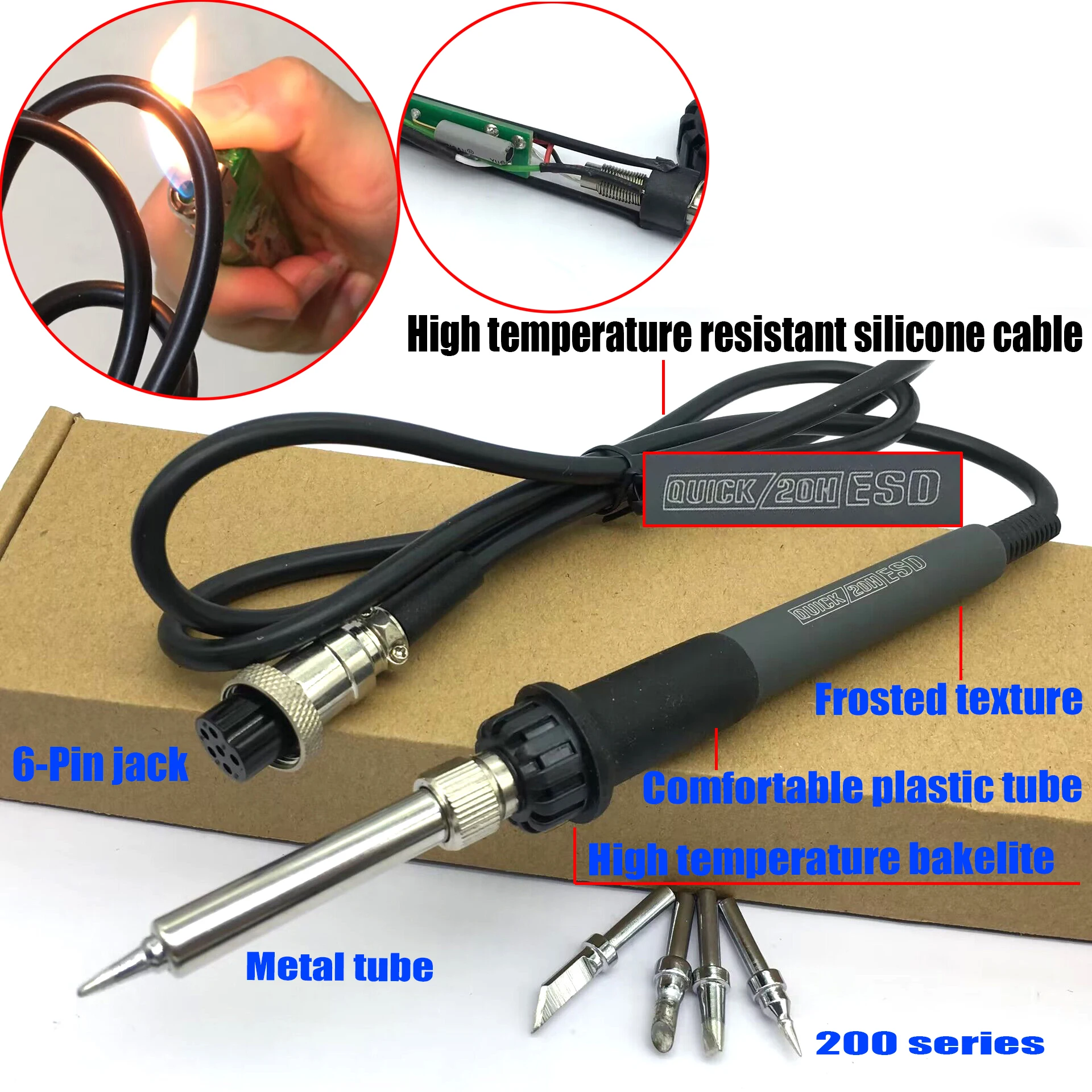 

High qualityESD 20H-90W Handle Assembly + 5tip For QUICK 203H 203 Soldering Station Electric Soldering Iron silicone cableHandle