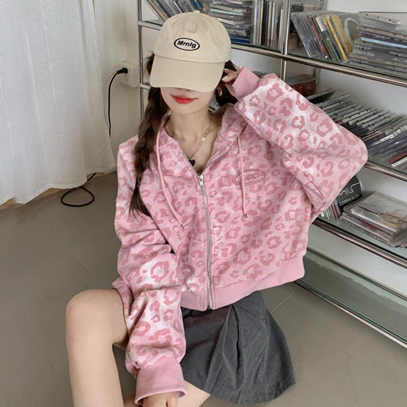 2024 New Autumn Pink Leopard Print Hooded Cardigan Sweater Korean Style Distinctive Short Cardigan Zipper Women\'s Jacket Trendy