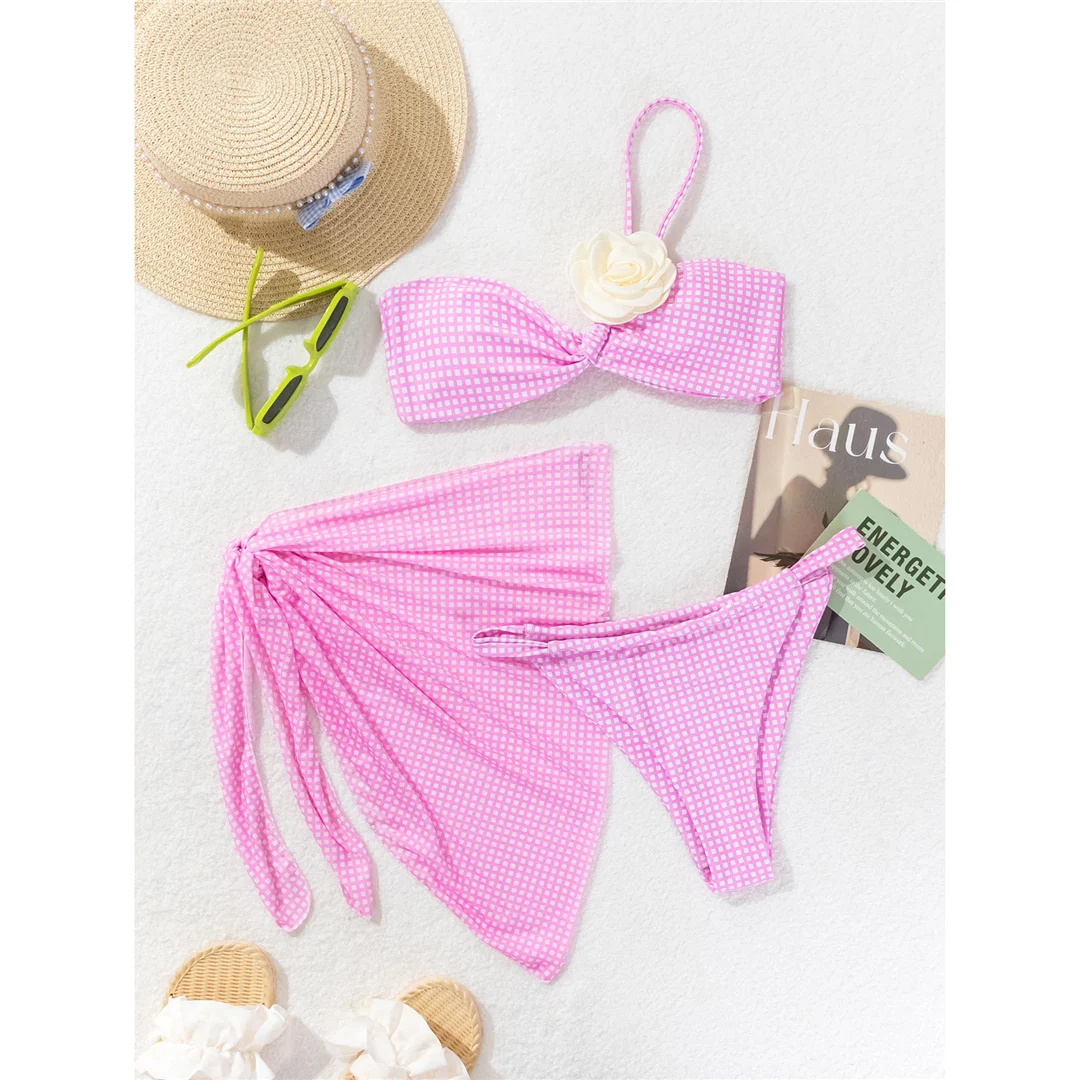 Sexy 3D-Blumenmuster mit Karomuster und Sarong-Bikini, Damen-Badebekleidung, dreiteiliges Bikini-Set, Badeanzug, Badebekleidung, Schwimmbekleidung V6224 – Detail 12