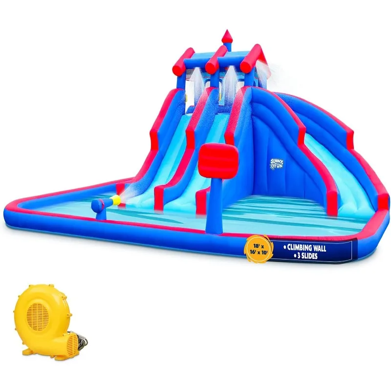 

& Fun Mega Sport Надувная водная тройная горка-парк — сверхмощная для развлечений на открытом воздухе — стена для скалолазания, 3 горки и бассейн с брызгами —