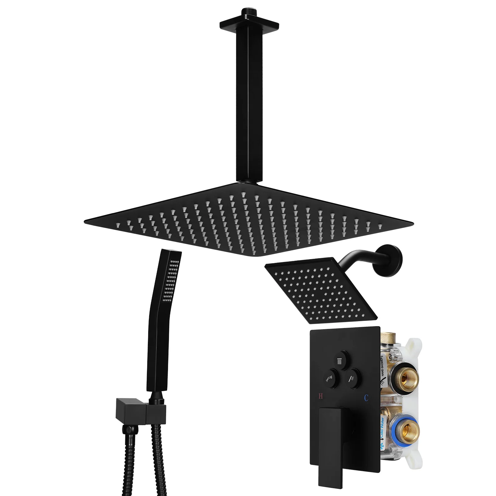 

Shower System Set W/ 12in Ceiling Mount 6in Wall Mount Showers Head Push Button Diverter with 2 in 1 Handheld for Bathroom