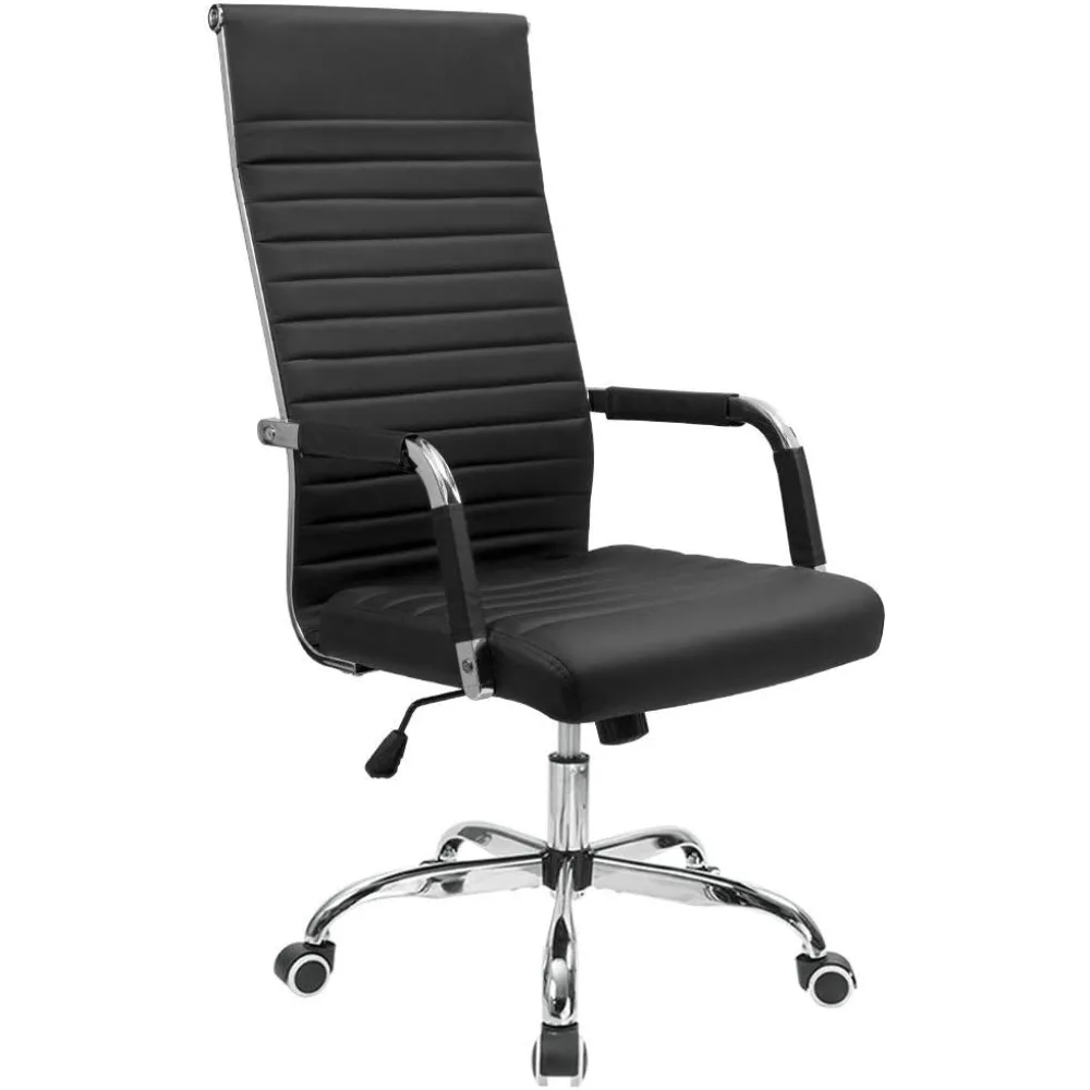 Ribbed Office Chair High Back PU Leather Executive Conference Chair Adjustable Swivel Chair with Arms