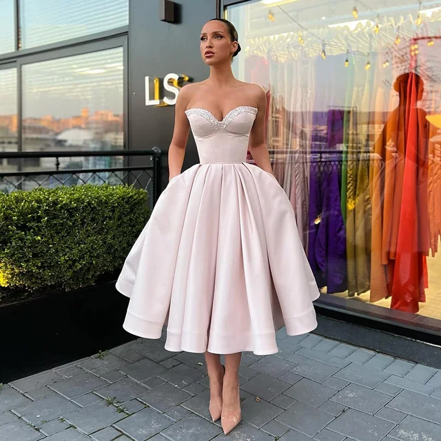 Simple Satin Sweetheart Midi Prom Dresses Strapless Pleated Tea-Length  A-Line Prom Gowns Formal Evening Party Dresses For Woman - AliExpress