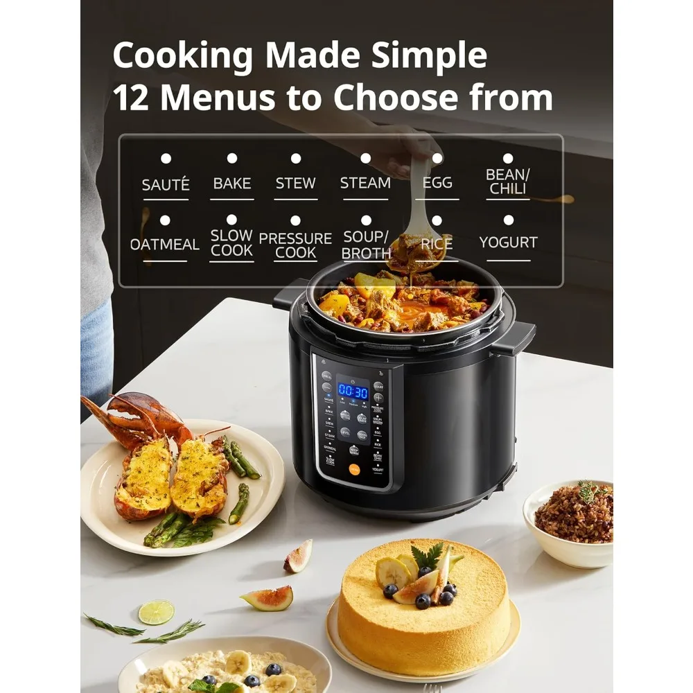 9-in-1 Electric Pressure Cooker, 14 Presets Instant Multi Cooker Non-Stick Slow Cooker Sauté Steamer 6 Quarts Black