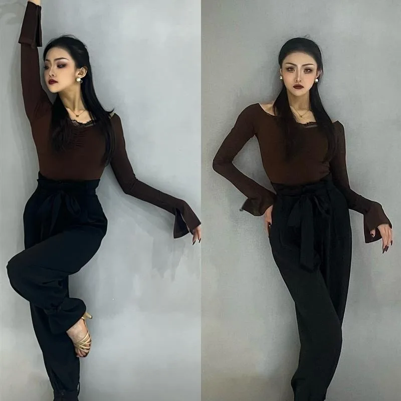 customized Latin dance bodysuit with black floral bud pants wide leg pants women's lace edge long sleeved top for two outfits