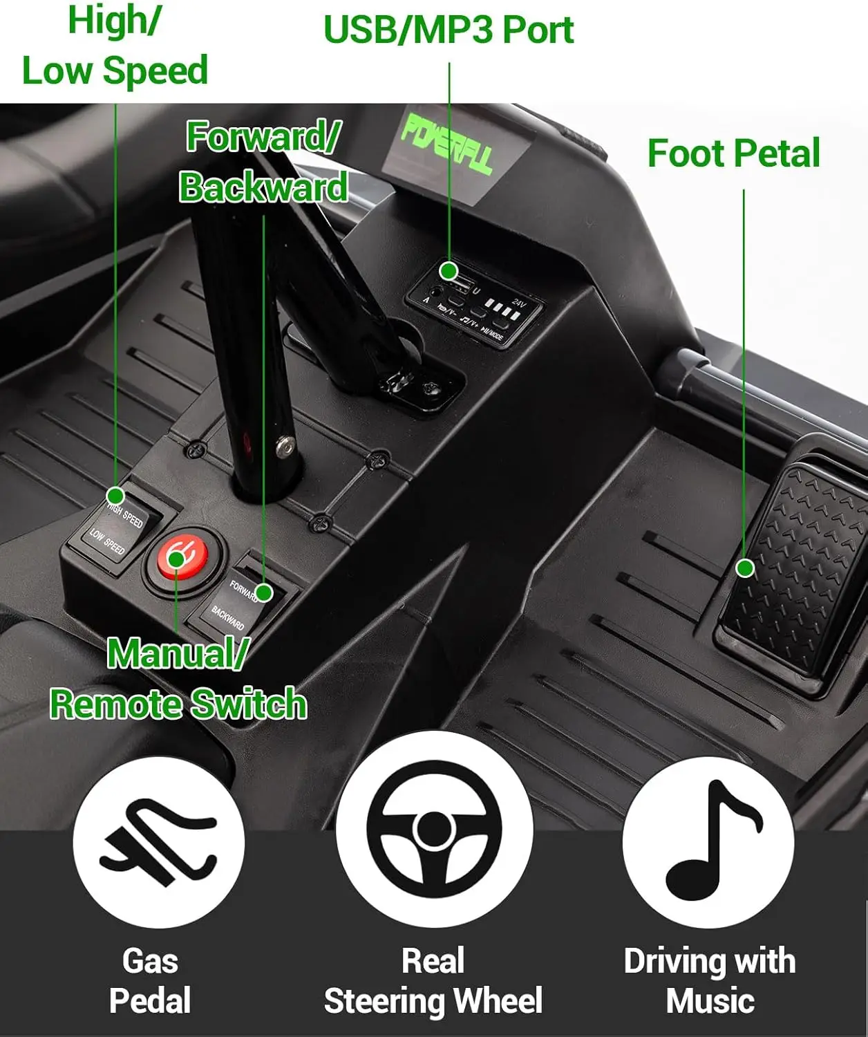 24V 어린이용 전동차 (3세 이상) 6MPH 200W 4x4 전동차량 (부모용 리모컨, 헤드라이트, 음악, 4개의 충격 흡수 장치 포함)