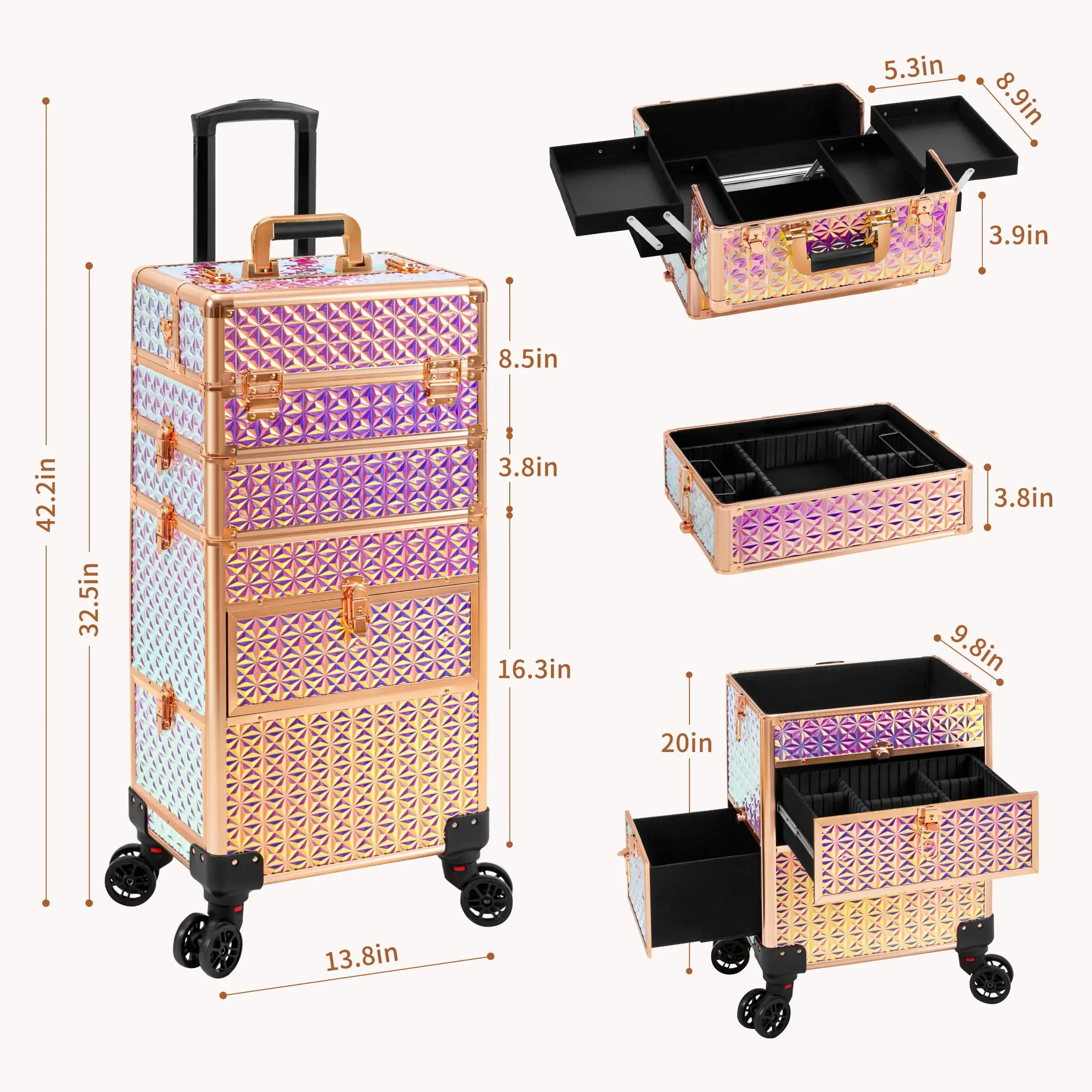 กระเป๋าเครื่องสำอางแบบมีล้อพร้อมลิ้นชัก 3 ชั้น สำหรับช่างแต่งหน้าและช่างทำเล็บ