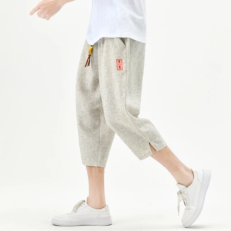 

Men's Summer Thin Linen Pants Embroidered Loose Fit Casual Trousers Harajuku Sle Dstring Elastic Seven-Foot Pants