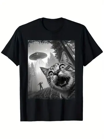 funny meme Cat UFO & Selfie Men's T Shirt Women Cotton Oversized Tee Summer Spring Novelty Loose Short Sleeve Clothing Vintage