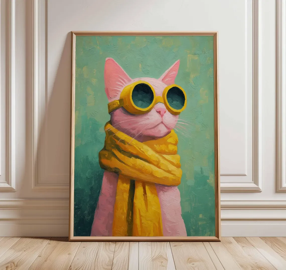 Cooles Katzenposter, flippige Tier-Wandkunst, rosa Katze im Sonnenbrillen-Druck, schrullige Pop-Art-Illustration, lustige Heimdekoration für Haustierliebhaber