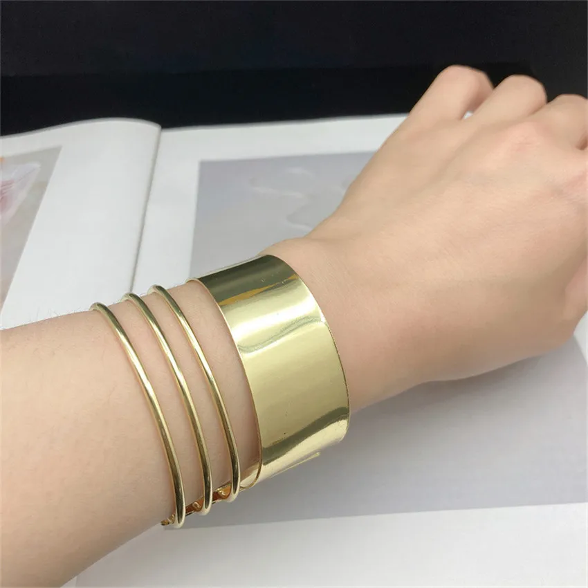 Mental Punk Hard Bracelet for Women Bohemian Gold Color Cuff Bangle Indigenous Open Wide Wire Statement Hand Party Jewelry 2023