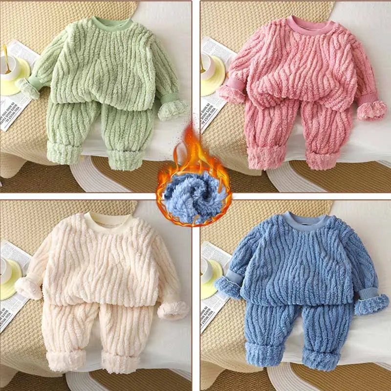 Boys Fleece Set Kids Warm Suit Autumn Girls Long- Sleeve Tops Pants 2Pcs Children's Casual Pyjamas Outfit Winter Fashion Clothes