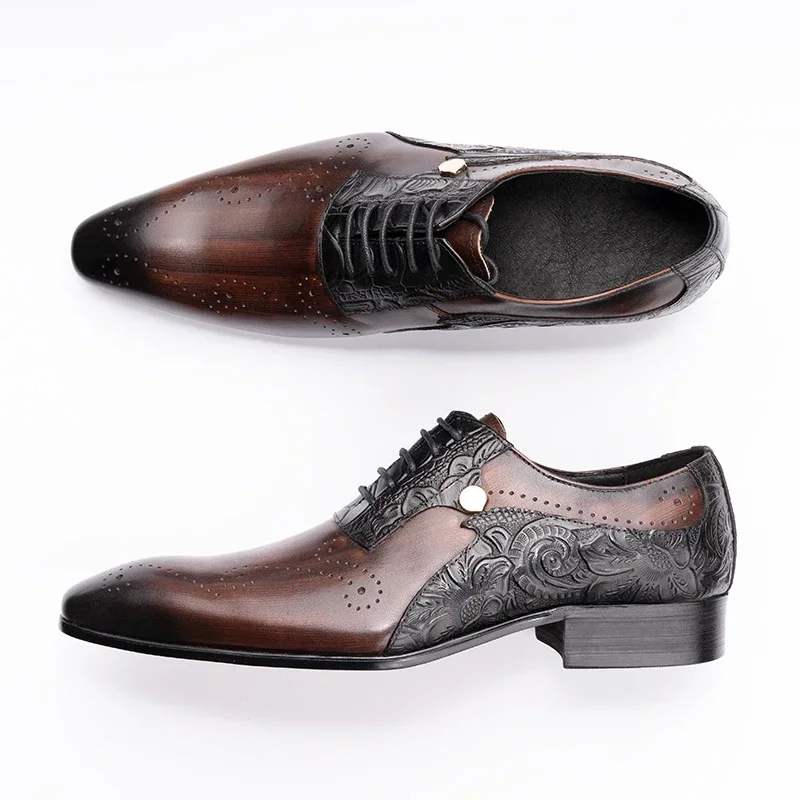 Handmade Mens Wedding Dress Brogue Shoes Genuine Leather Lace-up Latest Design Fashion Casual Shoes Man Pointed Dress Shoes