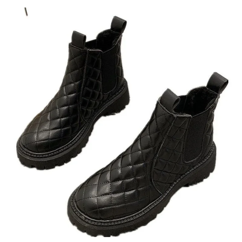 Shoes Woman Boots Non-Slip Boots Women Raise The Bottom Warm with Velvet Short Lattice Beige Black