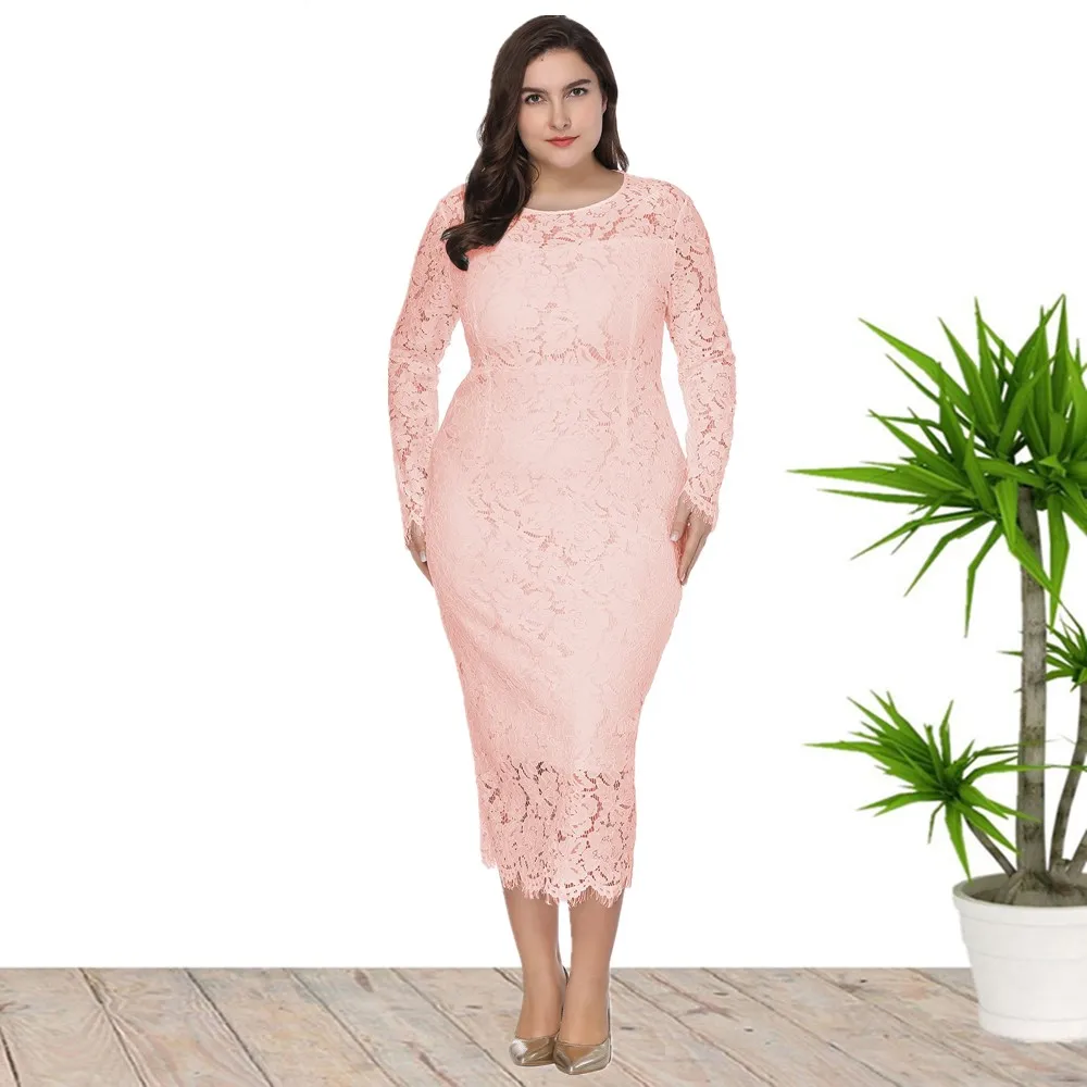 High Quality Fabric Cotton Long Sleeve Plus Size Maxi Party Evening Lace Dress For Elegant Ladies