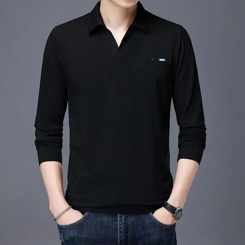 

Korean Spring Autumn New T-shirt V-neck Men's Lapel Commuter Loose Pure Cotton Long Sleeved Underlay Tops JJ264