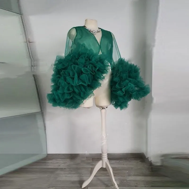 

Trendy Women Blouse Tulle Women with Ruffle Sleeves Emerald Green Fashion Female Top See Through