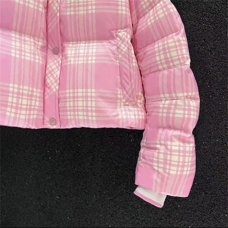 Manteau en coton à carreaux rose pour femmes, vestes courtes chaudes, parkas coupe-vent, manches longues, veste rembourrée en coton, tendance