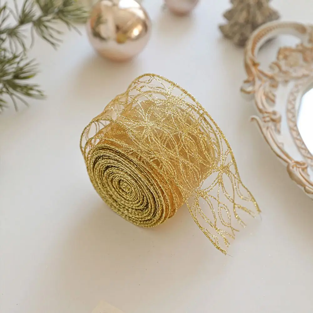 Gold Wire Edge Christmas Ribbon Weaving Classic Mesh Yarn Christmas Tree Ribbon Wrapping Xmas Bows Fabric Craft Ribbon