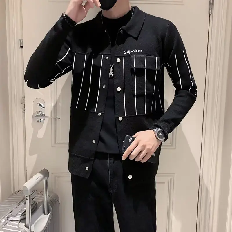 Men Korean Fashion Striped Patchwork Single Breasted Knitted Cardigan Spring Autumn Male Casual Long Sleeve Slim Sweater Jacket