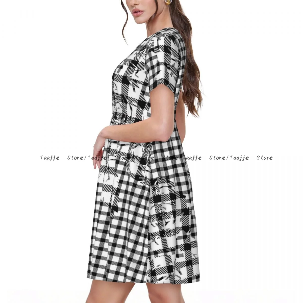 Women Dress Black Plaid With Flowers Summer Elegant O Neck Short Sleeve Female Casual Loose Long Dress