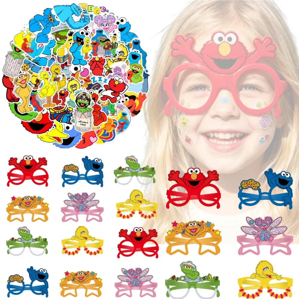 Máscaras de Papel para Fiesta de Plaza Sésamo, Pegatinas Impermeables Sin Repetición, Gafas de Papel para Niños, Decoraciones y Suministros para Fiestas, Regalos