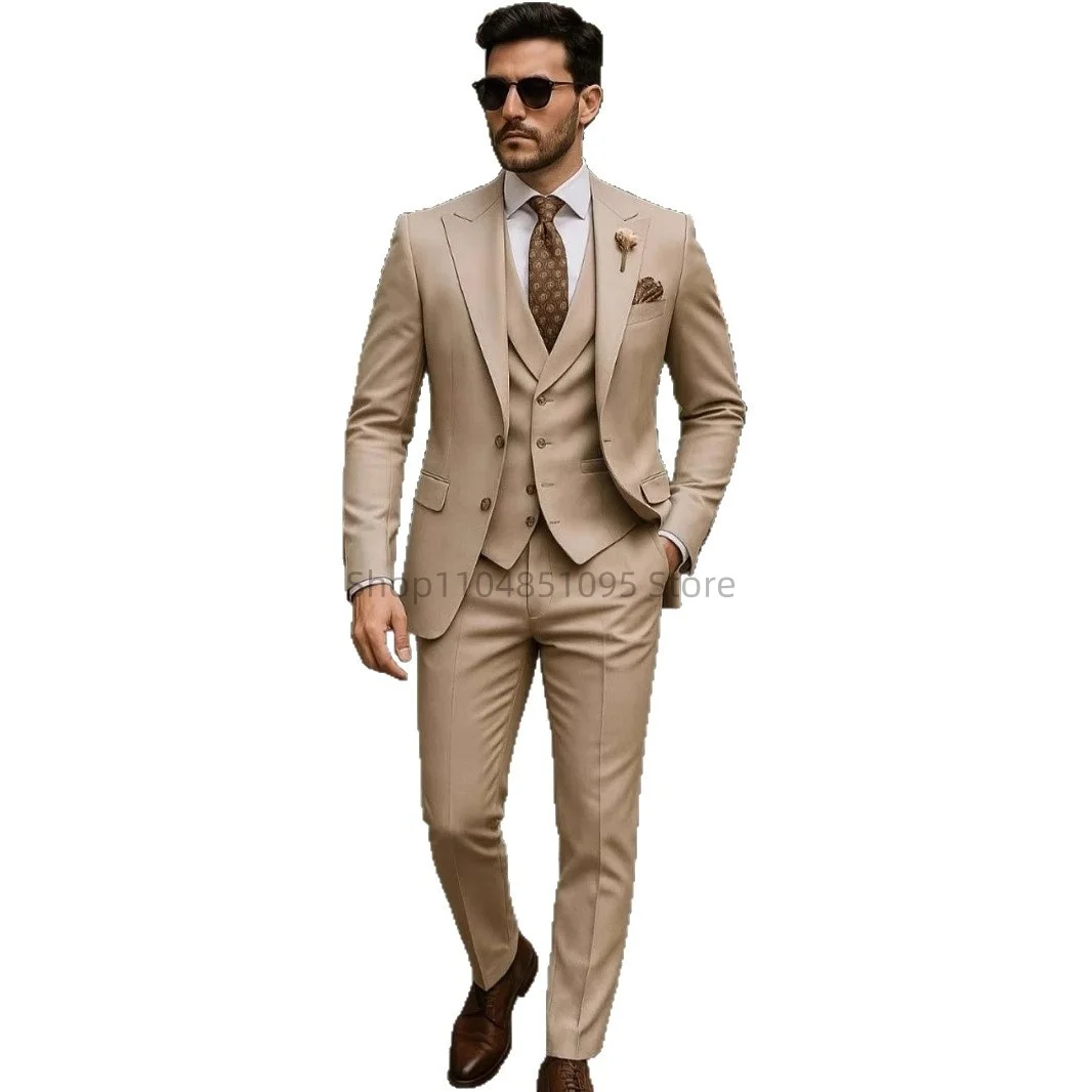 

High Quality 3 Piece Khaki Men Suits Peak Lapel Slim Fit Men Clothing Elegant Wedding Jacket Vest Pants Sets for Business Party