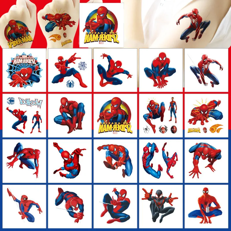 20Pcs Marvel Spiderman Tattoo Sticker Children\'s Reward StickerWaterproof Tattoo Sticker For Boys Toys Kids Birthday Gift