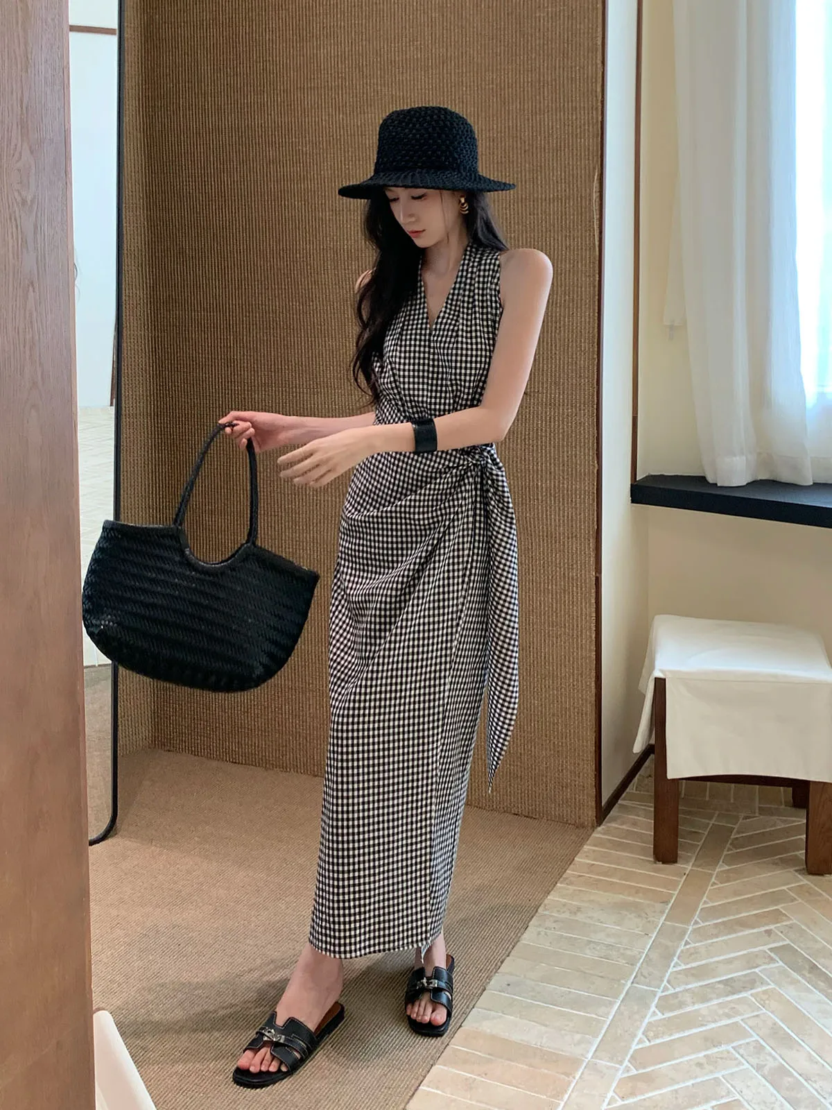 

Summer Thin Women's Dr JiJinqi Commuter Long Skirt V-Ne Svel Waist-Cinched Hanging Ne Line Cheered Pattern