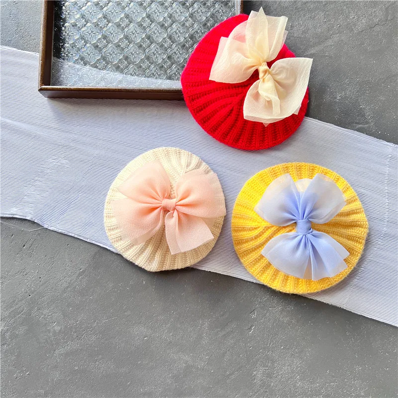 New Autumn Baby Bow Hat Berets for Girls Vintage Soft Knitted Cap Kids Infant Girl Bonnets Beret Hats Painter Hat Accessories
