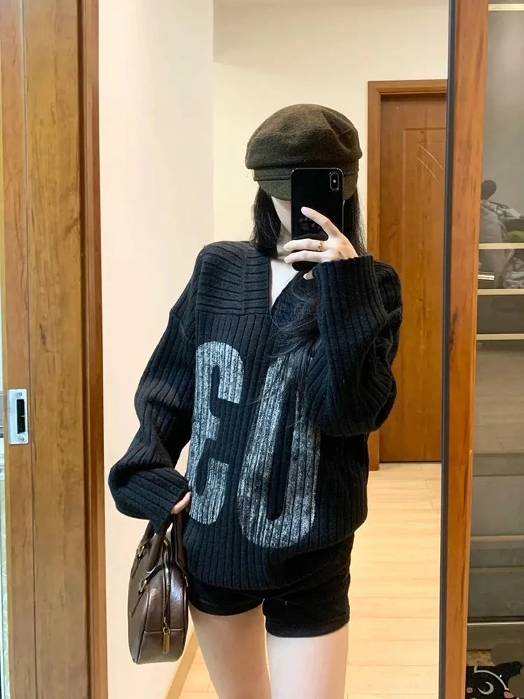 Vintage Print Knit Sweater Women V Neck Long Sleeve Y2K Streetwear Hottie Pullovers Loose Casual Harajuku American Retro Jumpers