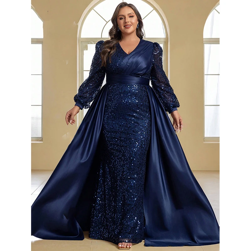 

Large 4XL Women Lantern Sleeve V Neck Blue Sequined Elegant Formal Occasion Luxury Prom Cocktail Long Dress