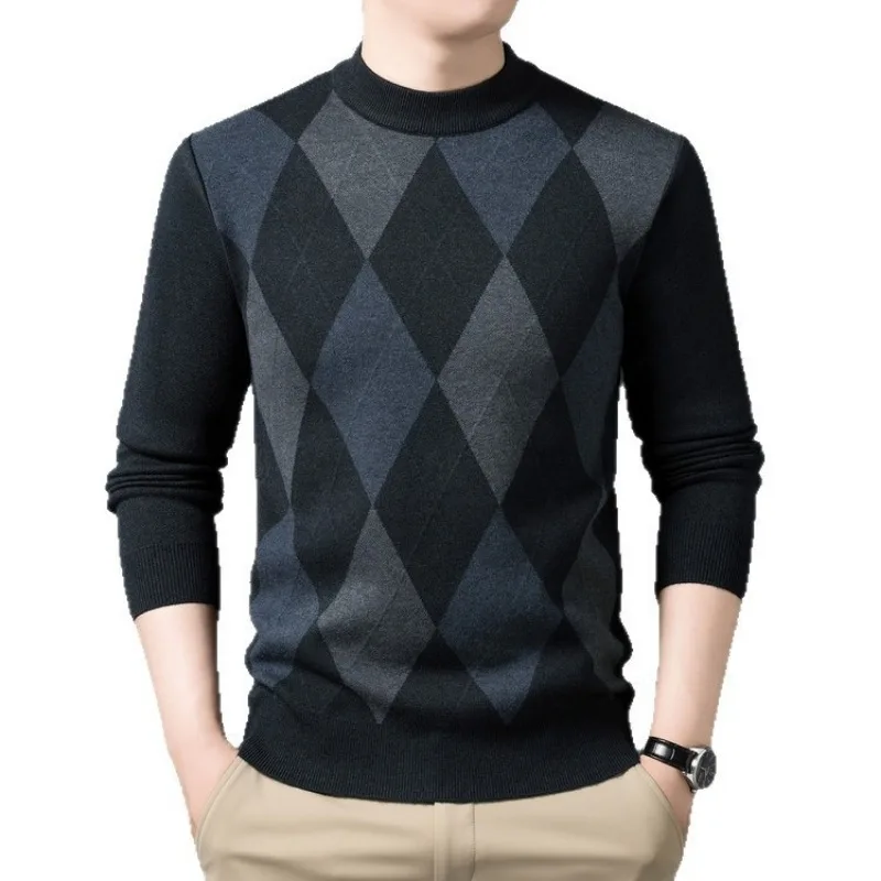 Men Mock Neck Argyle Sweater Winter Warm Knit Pullover Plus Size Dad Top