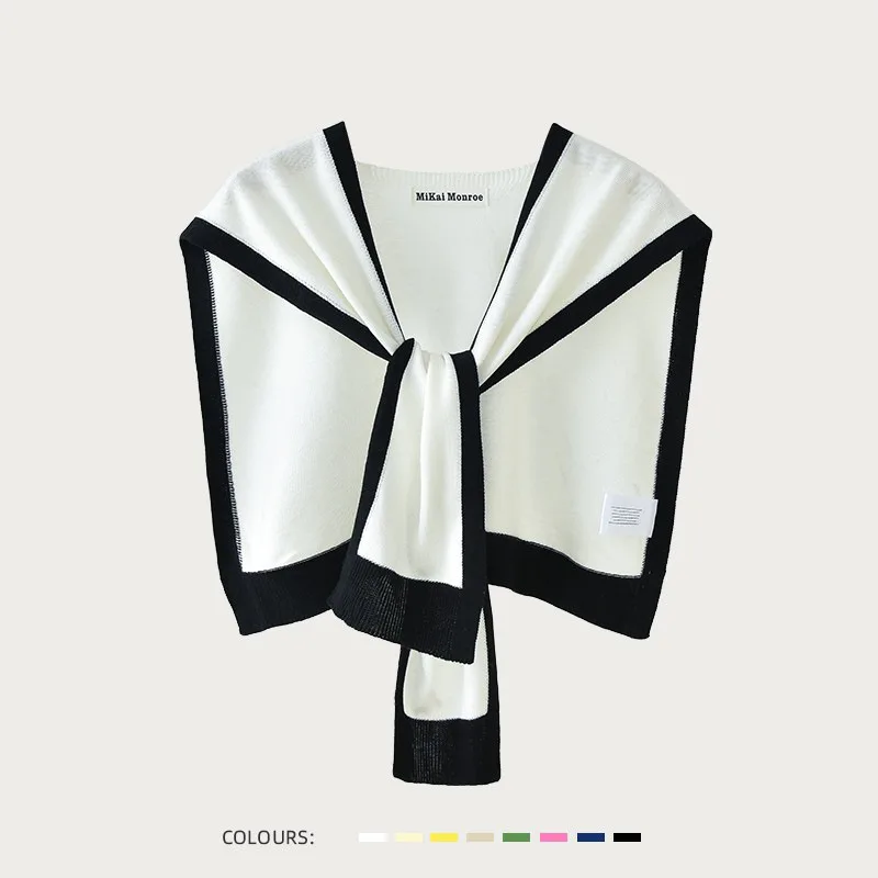 

Вязаный шарф с накладным воротником, женский полосатый цветной шарф с завязками спереди, верхняя крышка в корейском стиле