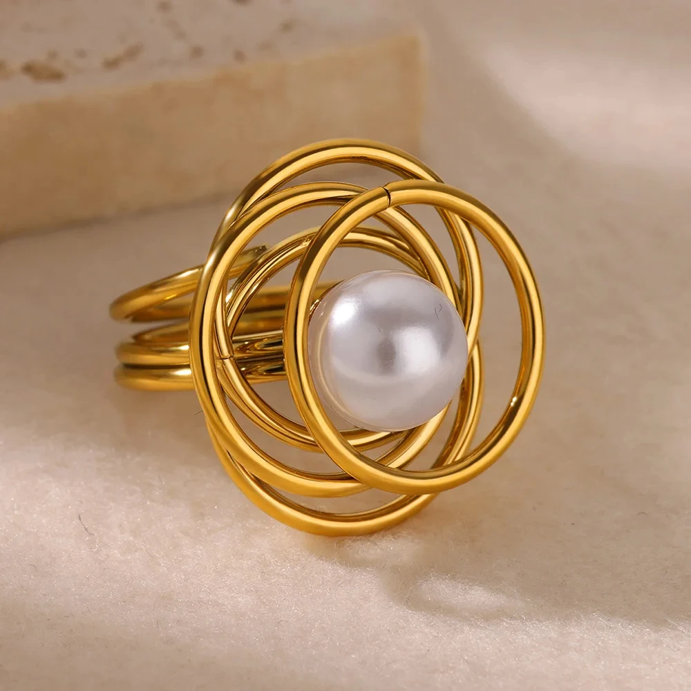 Fashion Imitation Pearl Wrap Rings For Women Gold Color Stainless Steel Irregular Cross Ring Wedding Party Jewelry Gift