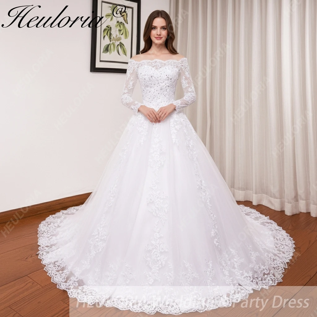 

HEULORIA Princess Wedding Dress long sleeve off shoulder bride dress plus size robe de mariee Lace beading Bridal Gown
