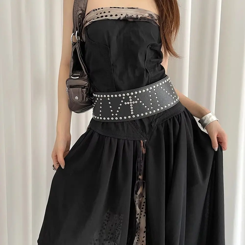

Trendy Vintage Cross Rivet Belt Y2k Wide Leather Waist Belt Heavy-Duty Black Women's Dress Belt Streetwear