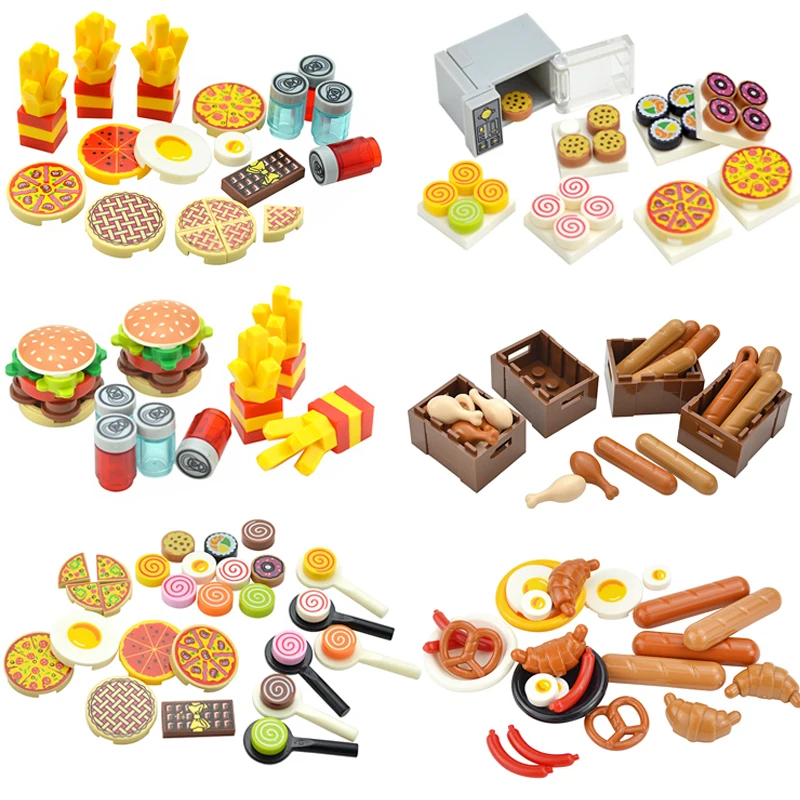 Stadt Essen Hamburger Pommes Zubehör Freunde MOC Bausteine Getränke Obst Gemüse Brot Fisch Flasche Teile MOC Ziegel Leduo