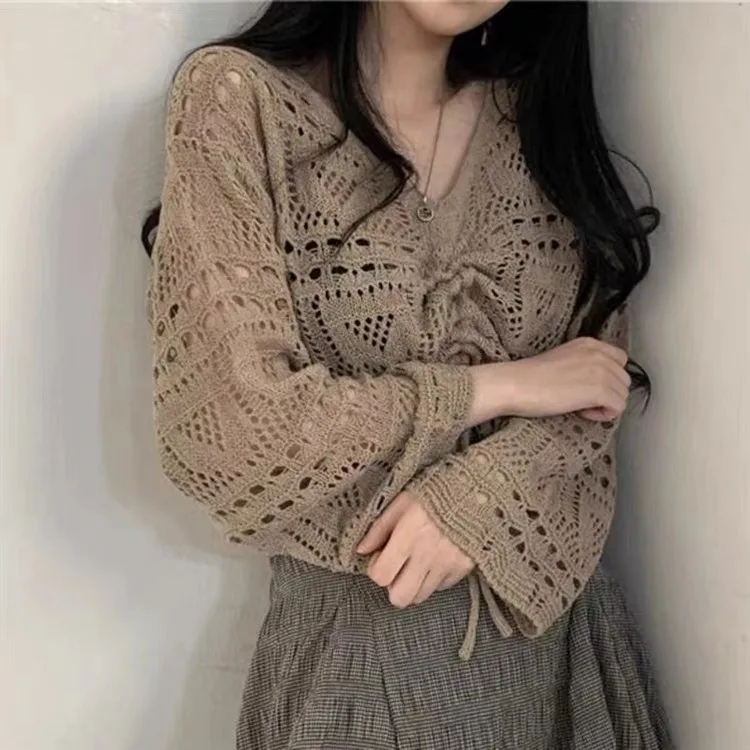 

2026 New Korean Style Hollow out Knitted Sweater Thin Long Sleeve V-Neck Drawstring Slimming Top Women's Fashion