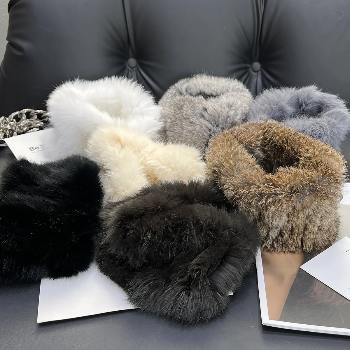 Winter Women Real Fur Handmade Stretch Fur Scarf Knit Genuine Rabbit Fur Headbands Girls Natural Fur Ring Cowl Snood Scarves