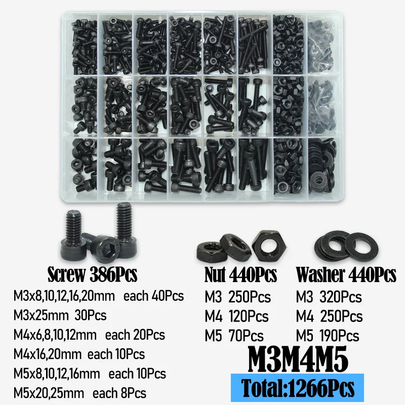 2500p schwarzer Stahl-Innensechskant-Rundkopfschrauben-Set M2 M3 M4 M5 M6 Güteklasse 12.9 DIN912 Inbus-Schrauben Muttern Unterlegscheiben-Sortiment-Set – Detail 10
