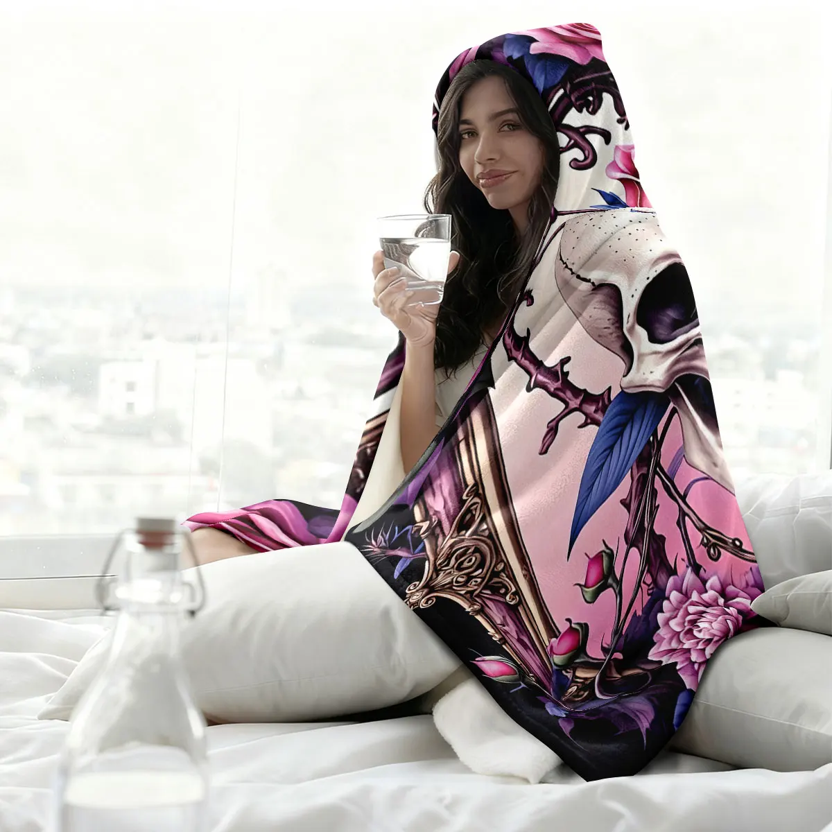 1pc Gothic Skull Rose Printed Hat Blanket Flannel Hoodie Wearable Cape Blanket Soft and Casual, Can Be Washed - view 5