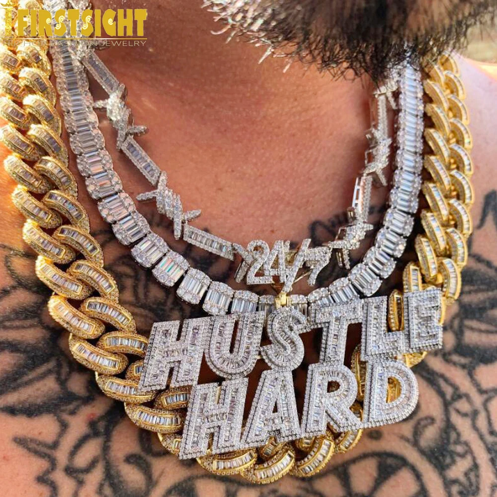 2025 New Iced Out Bling CZ Letter Hustle Hard Pendant Necklace Cubic Zirconia Charm Men Fashion Hip Hop Jewelry