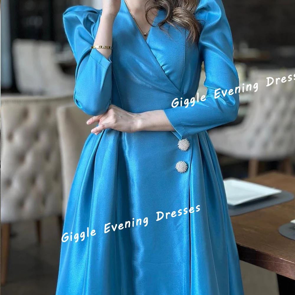 Giggle Satin V-Neck Button Beaded Elegance Prom Gown Saudi Arab Summer Fashion Floor-Length Evening Party Dresses for Women 2024