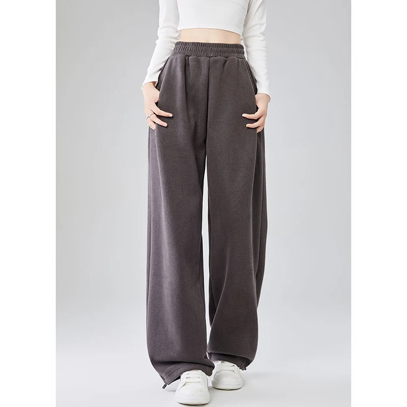 Pantalones clásicos grises de cintura alta para mujer, cómodos pantalones de chándal de pierna recta, pantalones lisos con cordón a la moda para mujer