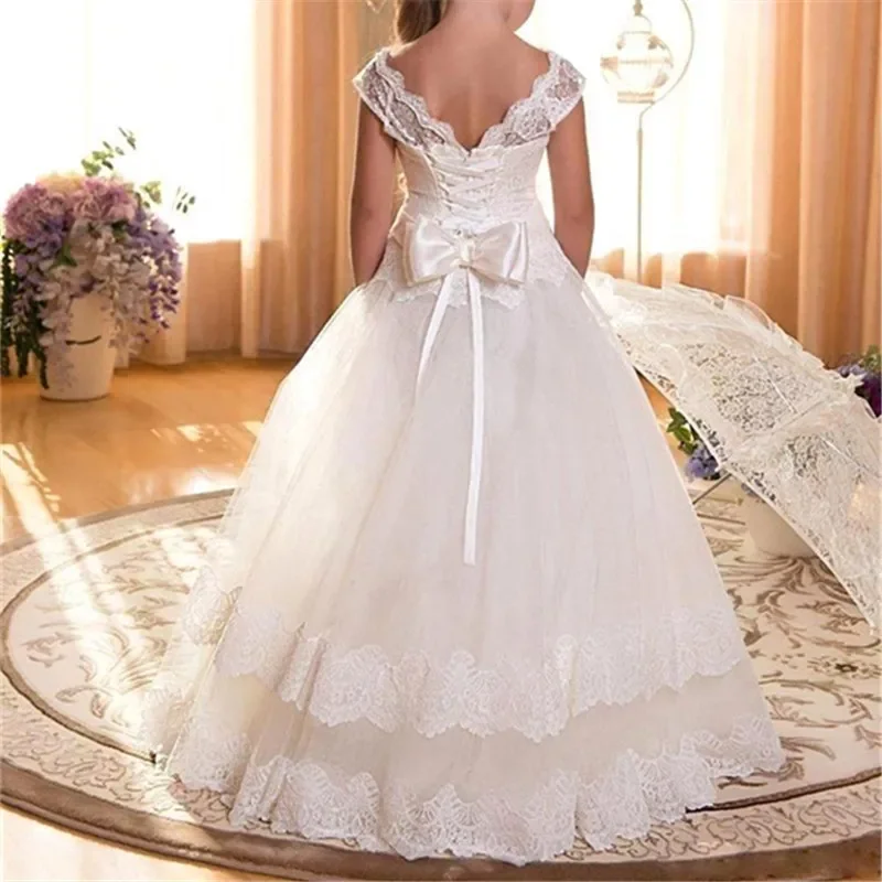 Vestido branco de primeira comunhão para meninas, Vestido de festa real para casamento, Vestido de noite infantil, Vestidos pirotécnicos