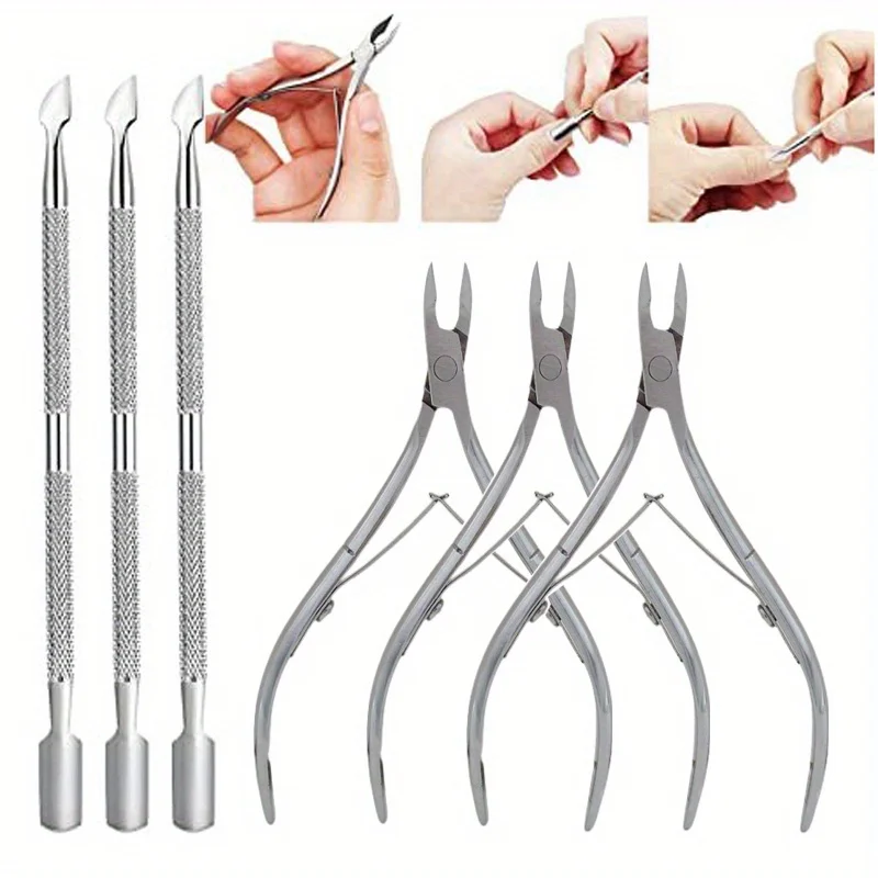 6pcs Nail Art Tool Stainless Steel Double Push Spoon Pusher Cut Nail Cuticle Nipper Dead Skin Scissor Trimmer Remover Clipper