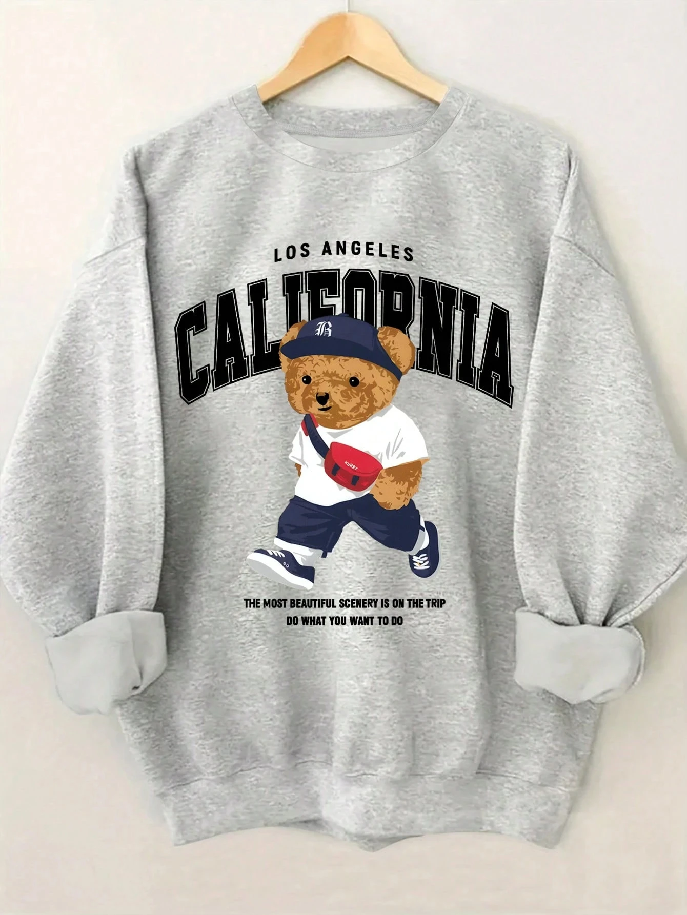 Kalifornisches Bärenmuster, locker geschnittenes Sweatshirt mit Rundhalsausschnitt und langen Ärmeln für Damen, lässig für den Frühling. – Detail 3