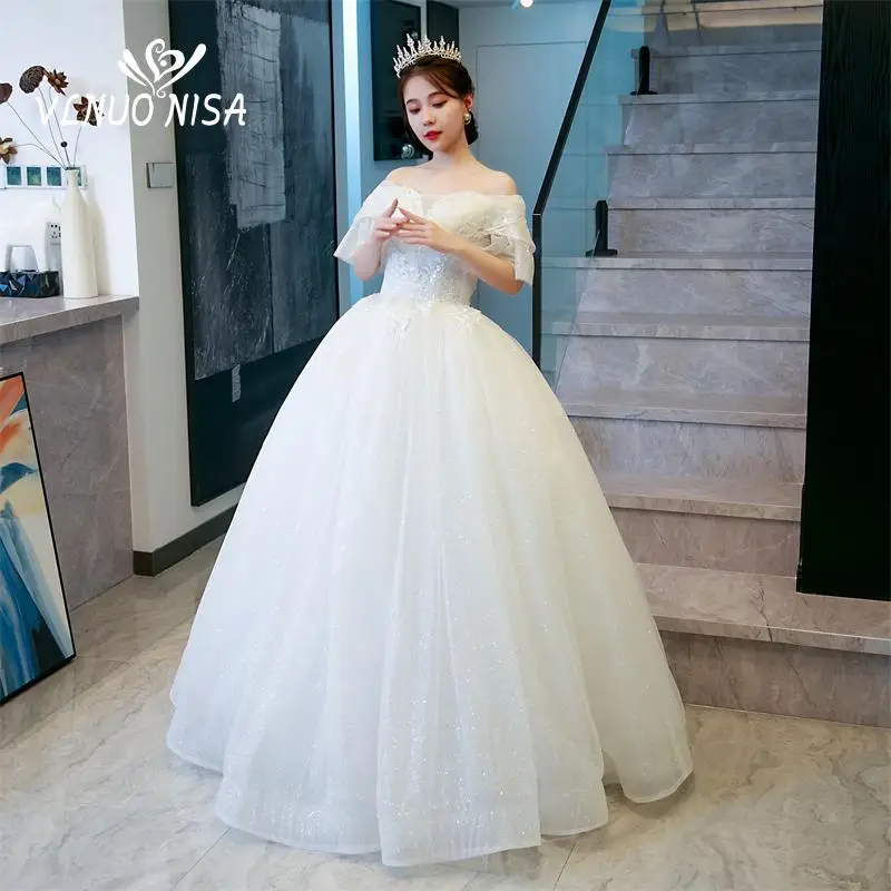 ที่กําหนดเอง VLNUO NISA เงา Ball Gown ปิดไหล่ชุดแต่งงานแขนยาวลูกไม้ Glitter Appliques vestido De Noiva Pluse ขนาด